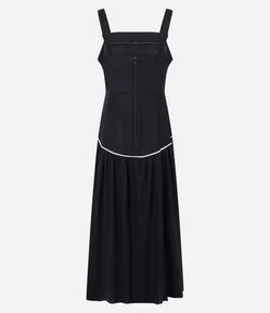 Vestido em Viscolinho com Decote Quadrado e Vieses Contrastantes