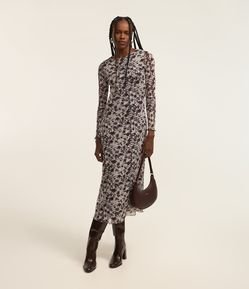 Vestido Long Midi em Tule com Estampa Floral