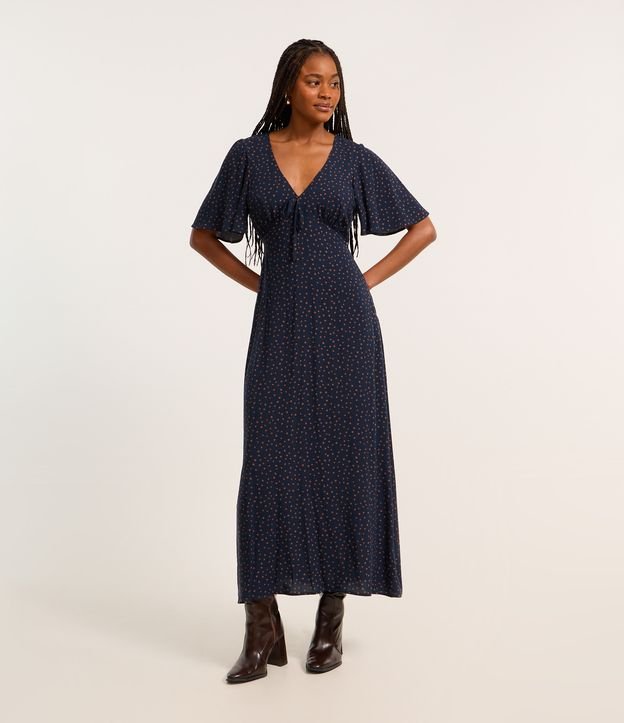 Vestido Longo em Viscose Creponada e Estampa Poá