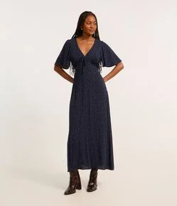 Vestido Longo em Viscose Creponada e Estampa Poá