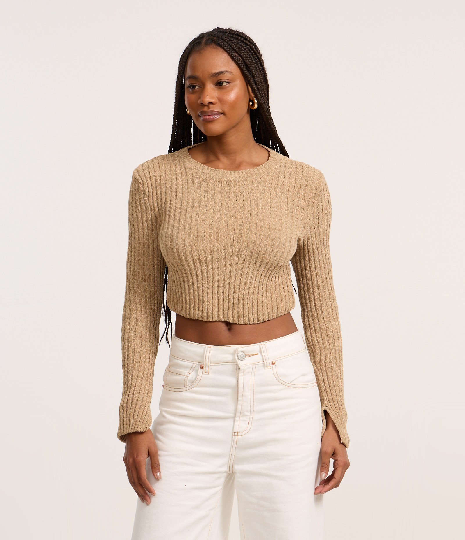 Blusa Cropped Texturizada em Tricô Chenille Marrom Claro 1