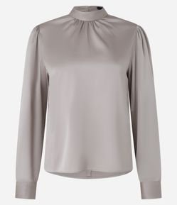 Blusa Acetinada com Gola Padre com Botão no Punho