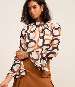Blusa em Chiffon com Manga Sino e Estampa Anéis
