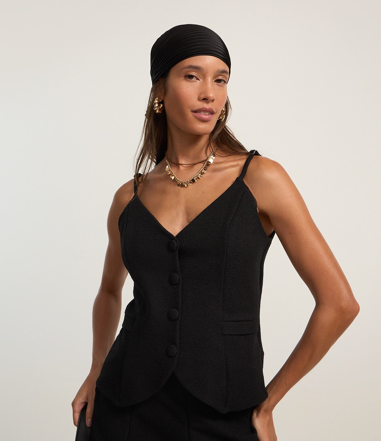 Blusa de Alça em Tweed com Botões e Alças Finas Preto 1