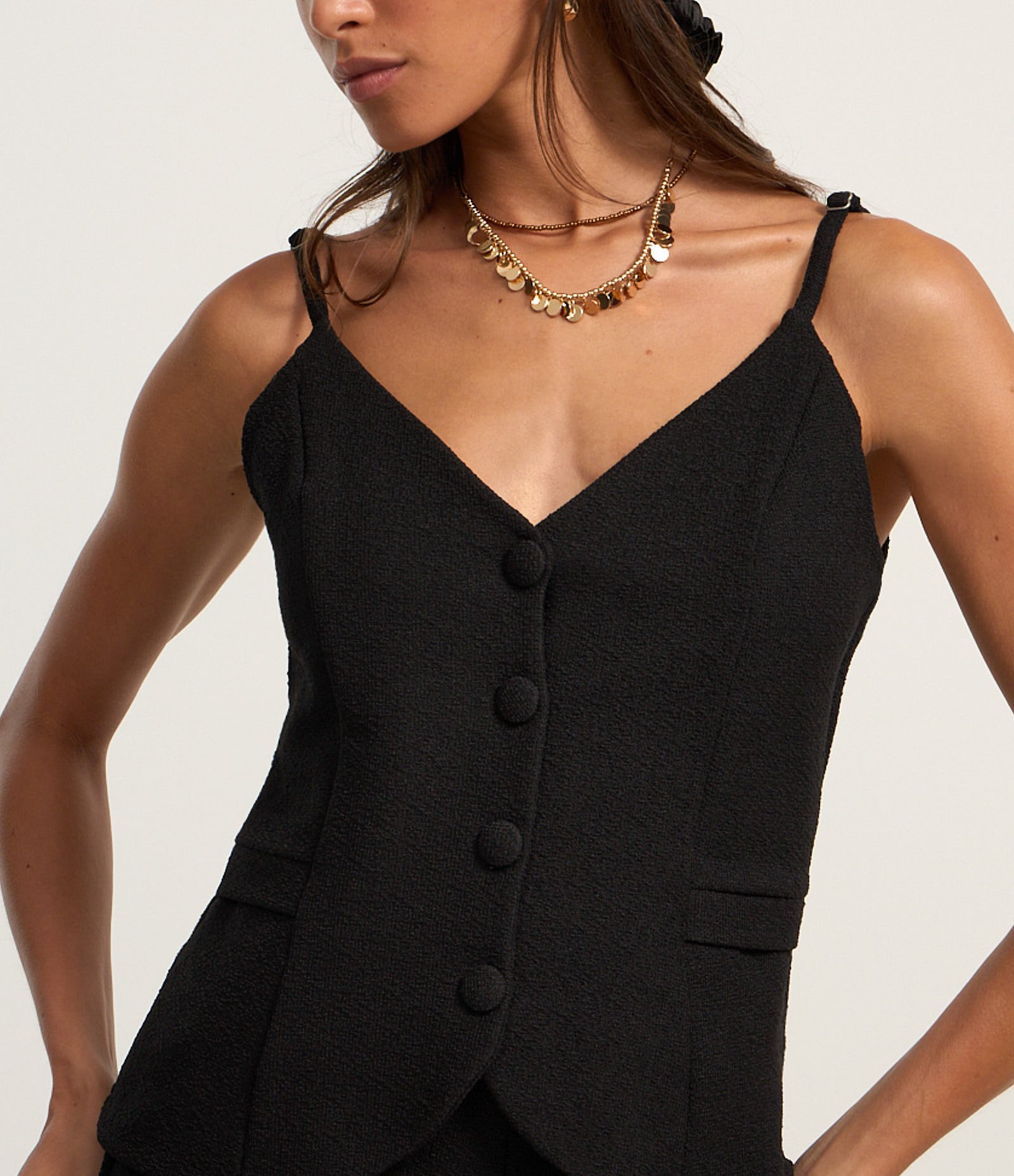 Blusa de Alça em Tweed com Botões e Alças Finas Preto 4