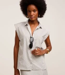 Camisa Texturizada em Algodão com Listras de Fio Tinto
