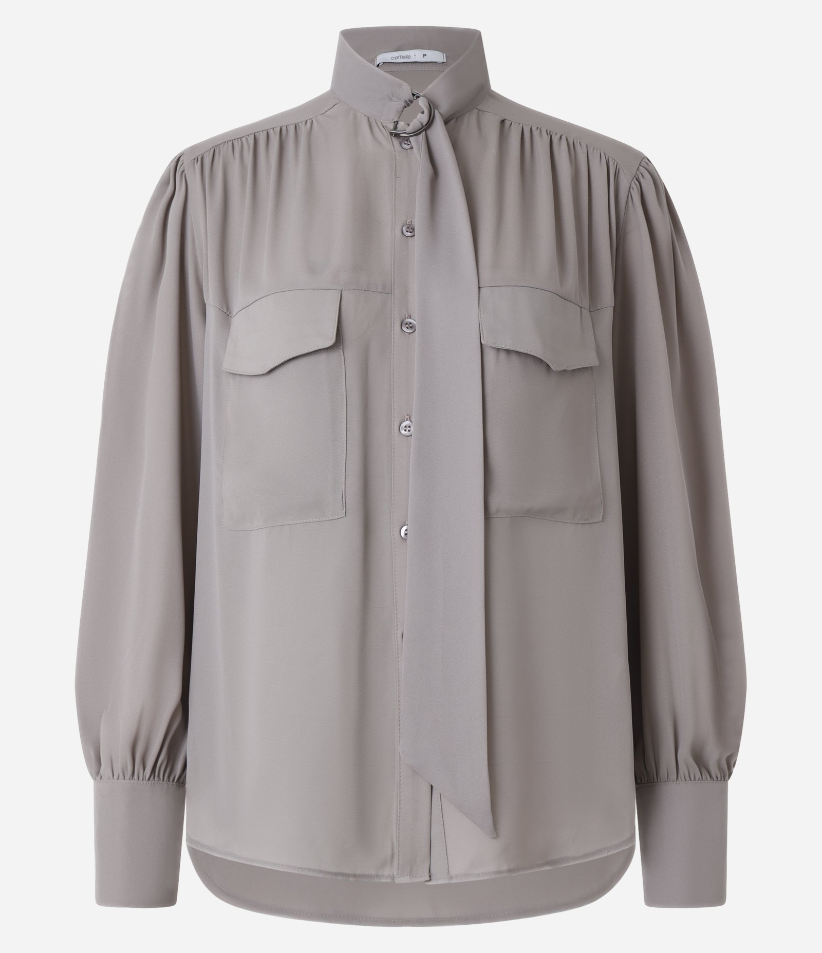 Camisa em Chiffon com Amarração na Gola e Franzidos Cinza 7
