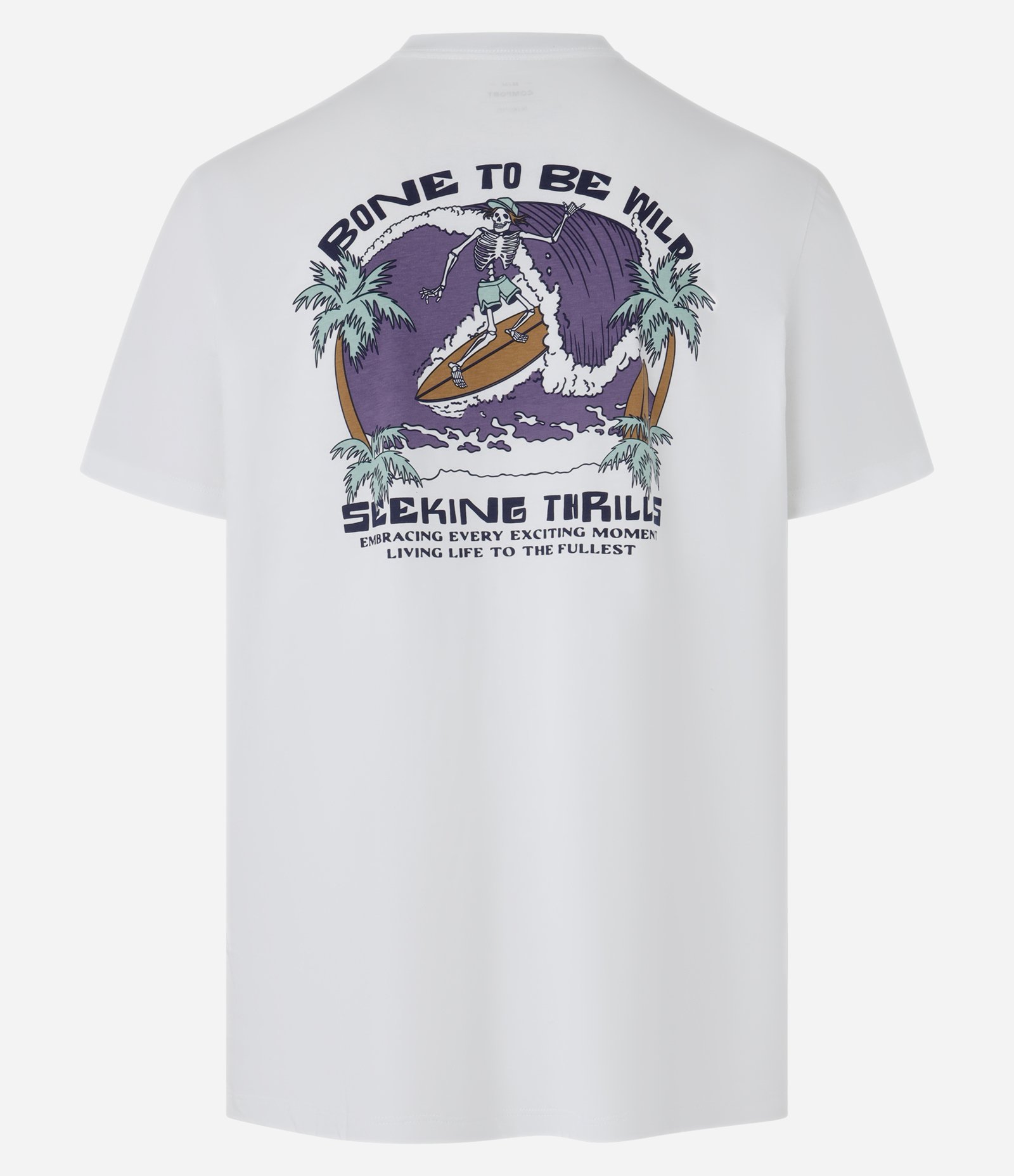 Camiseta Comfort em Algodão com Estampa de Esqueleto Surfista Branco 7