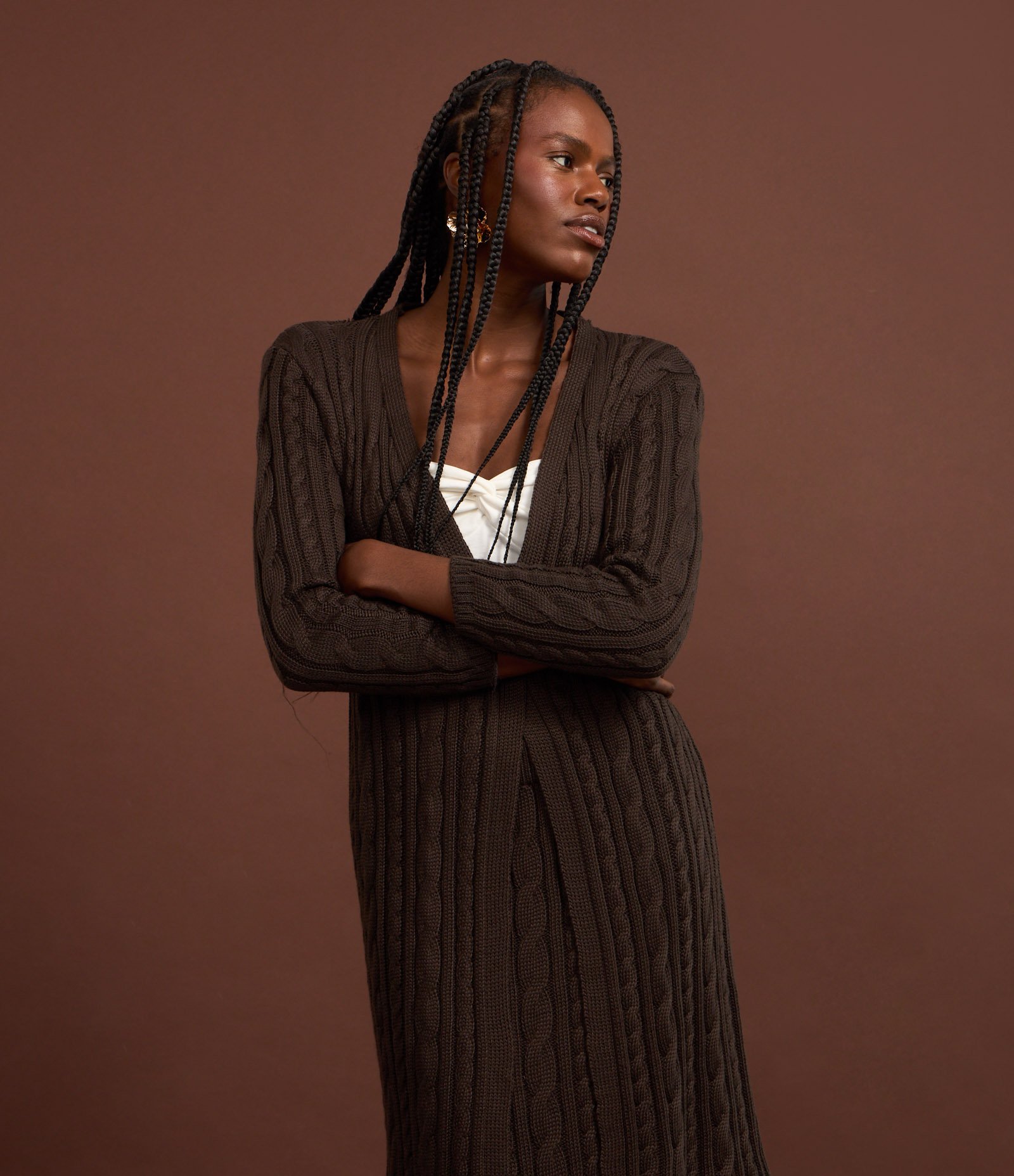 Casaco Alongado em Tricô com Textura Trançada Marrom 4