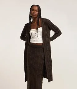 Casaco Alongado em Tricô com Textura Trançada