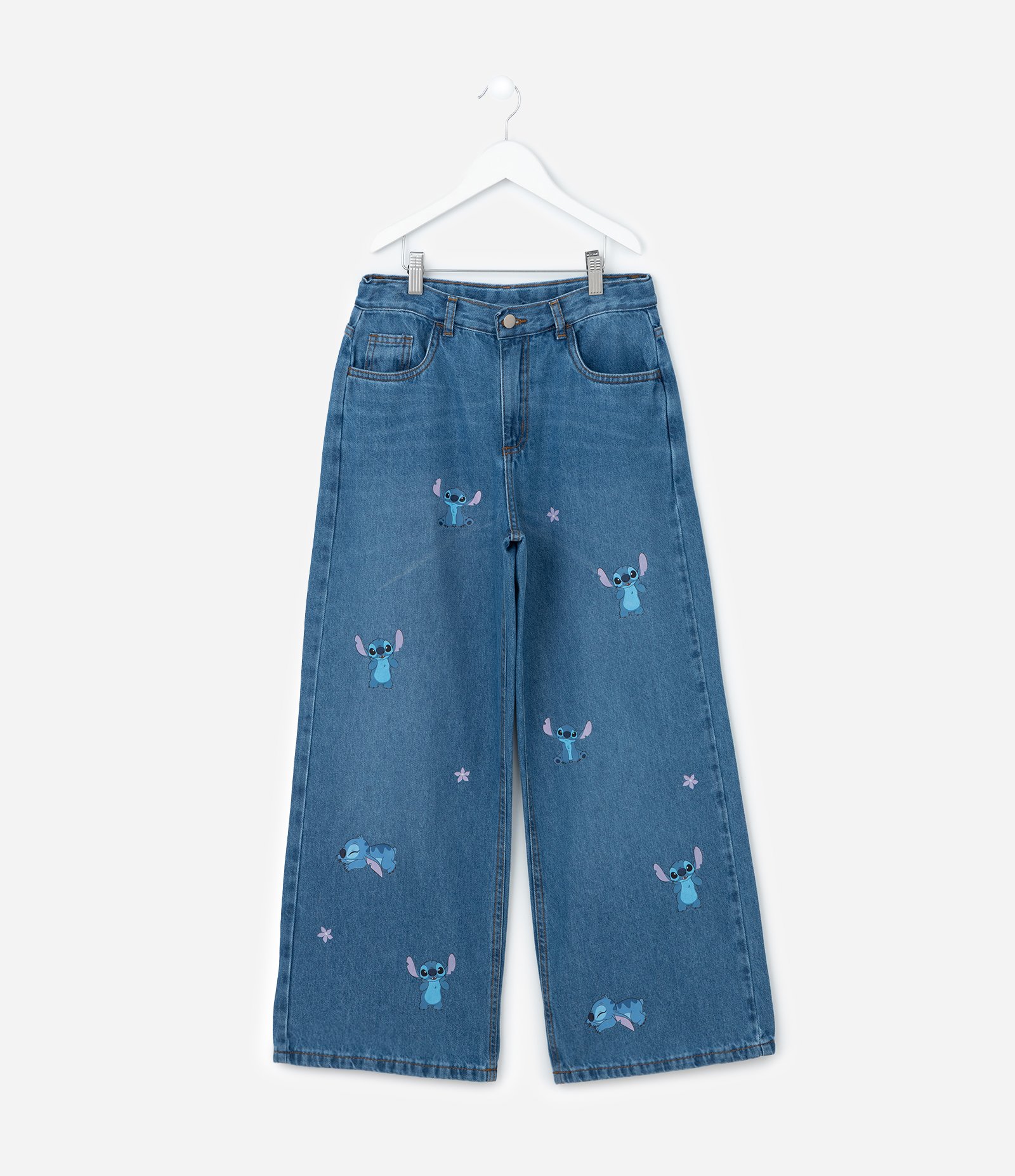 Calça Reta Infantil Jeans com Estampa Stitch - Tam 5 a 14 Anos Azul 1