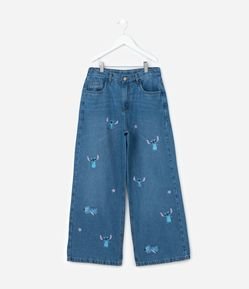 Calça Reta Infantil Jeans com Estampa Stitch - Tam 5 a 14 Anos