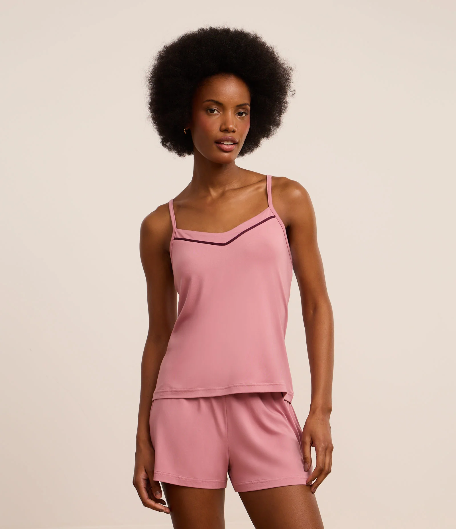 Pijama Short Doll em Peach Touch com Alcinha e Viés Contrastante Rosa 1