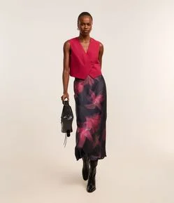 Saia Evasê Midi Acetinada com Estampa Floral Blur