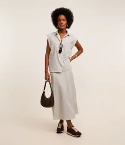 Saia Evasê Texturizada em Algodão com Listras de Fio Tinto