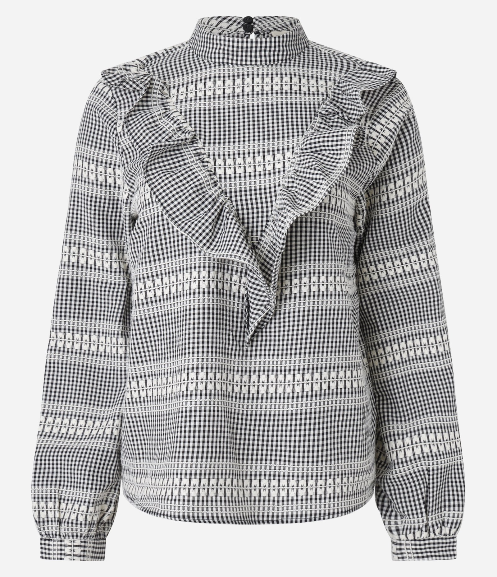 Blusa em Anarruga Xadrez com Babado V Preto/Branco 5
