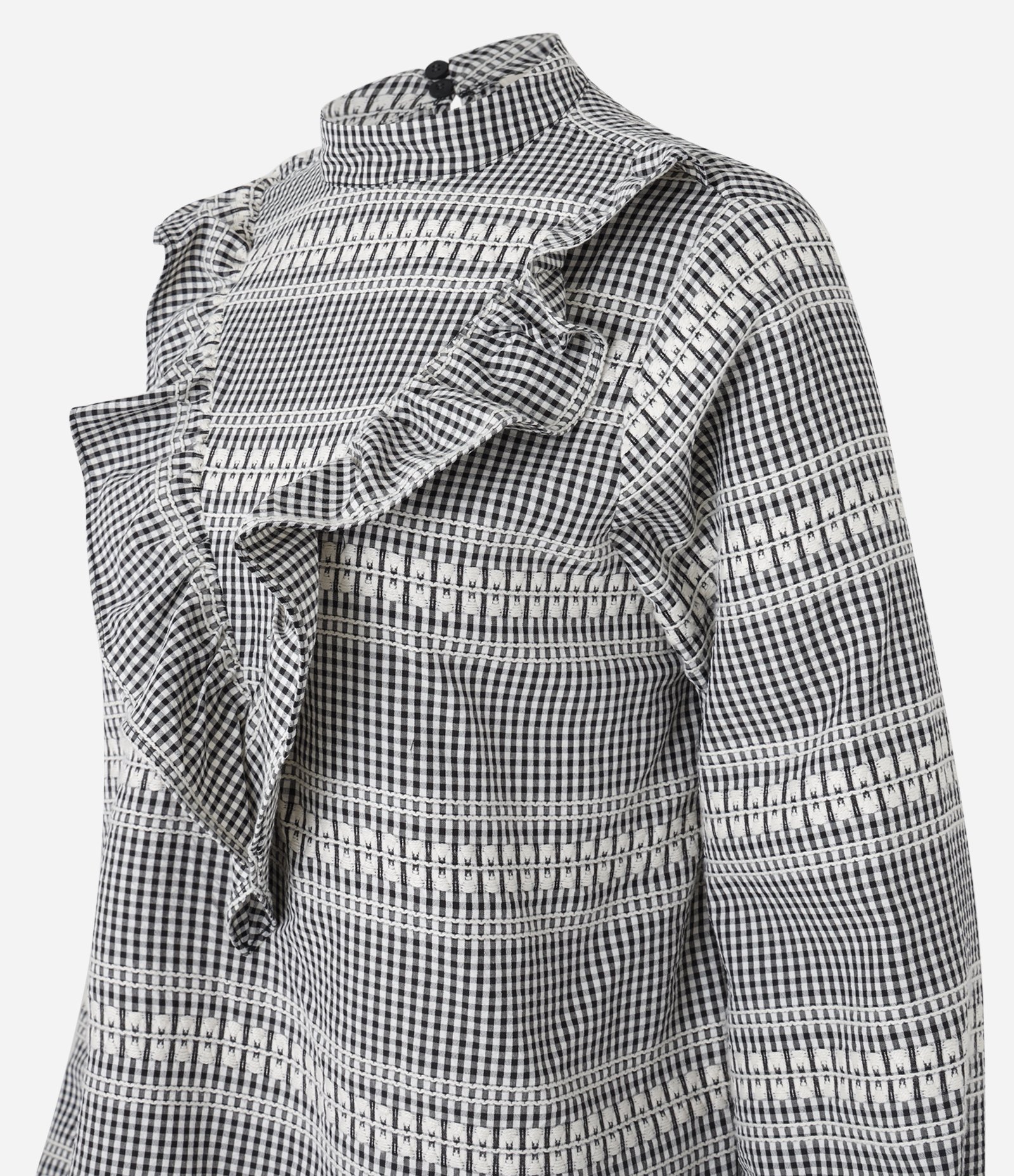 Blusa em Anarruga Xadrez com Babado V Preto/Branco 6