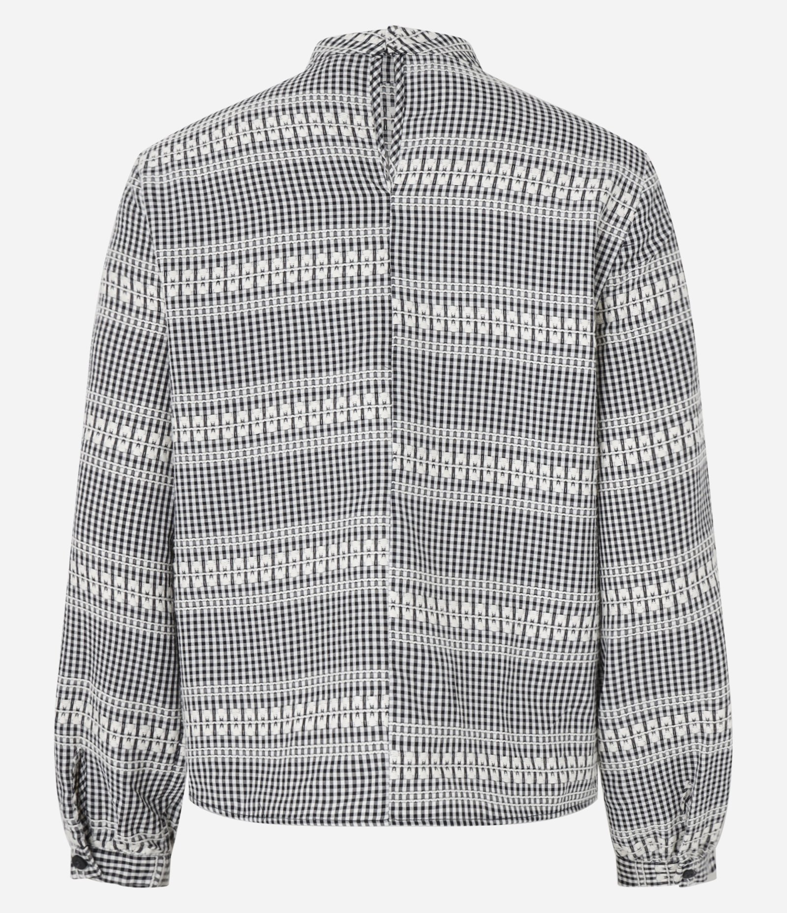 Blusa em Anarruga Xadrez com Babado V Preto/Branco 7
