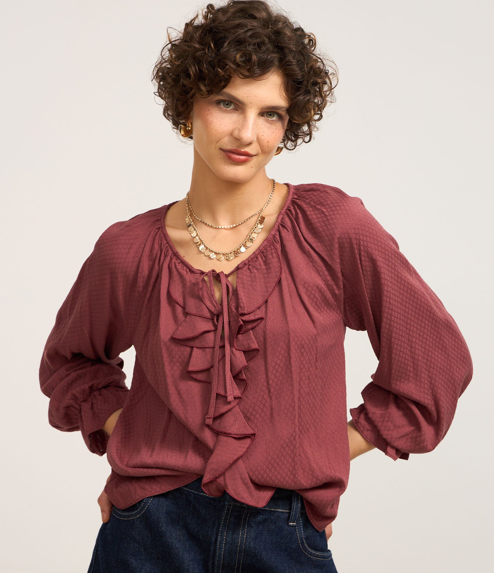 Blusa em Viscose Twill e Babados Frontais Rosa 1