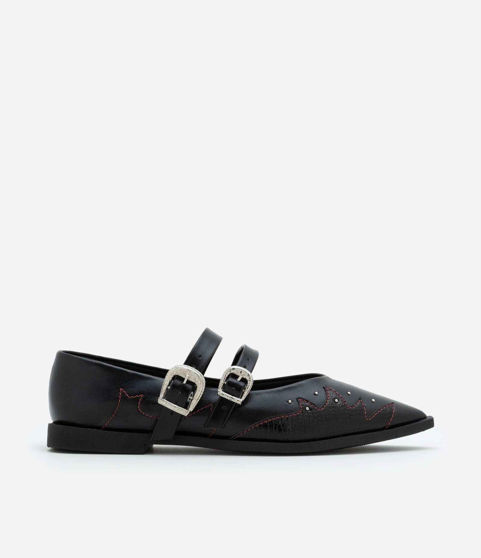 Sapatilha Western em PU com Recortes e Detalhes Pespontados Preto 1