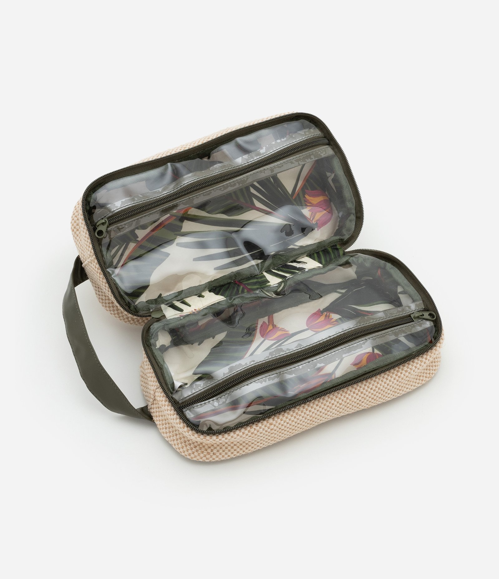 Nécessaire Retangular Grande com Efeito Natural e Estampa Interna Folhagem Bege 6