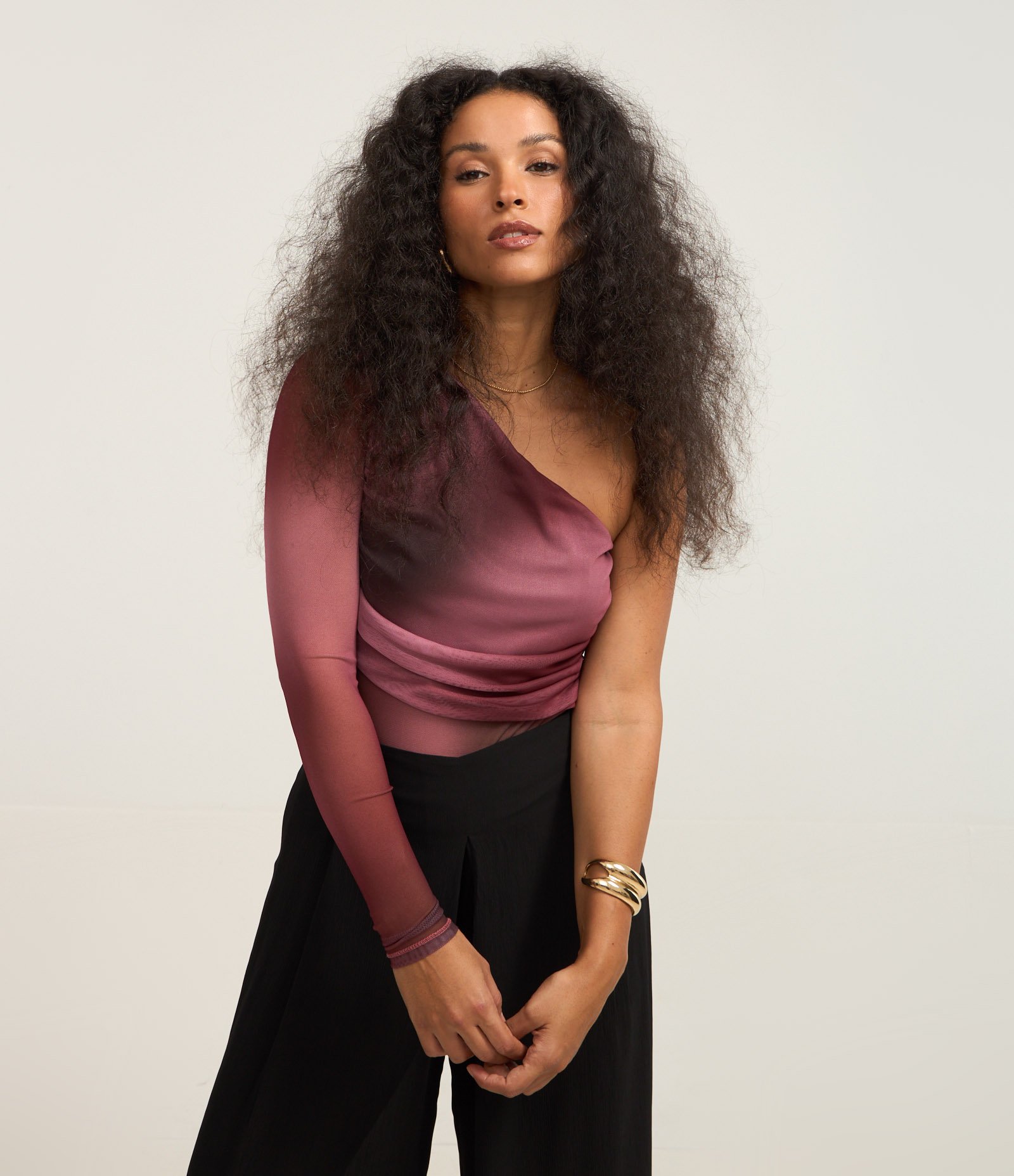 Body em Tule com Um Ombro Só e Estampa Abstrata Bordô 1