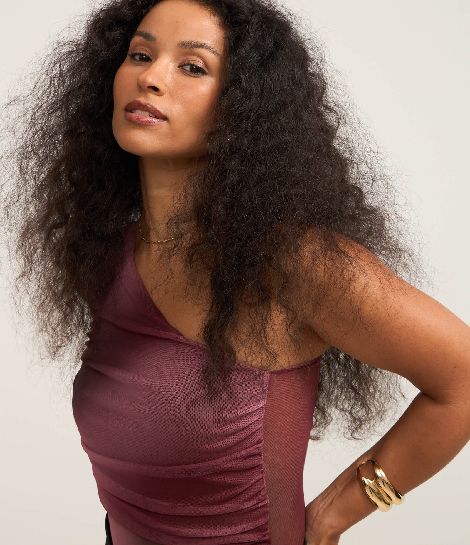 Body em Tule com Um Ombro Só e Estampa Abstrata Bordô 3