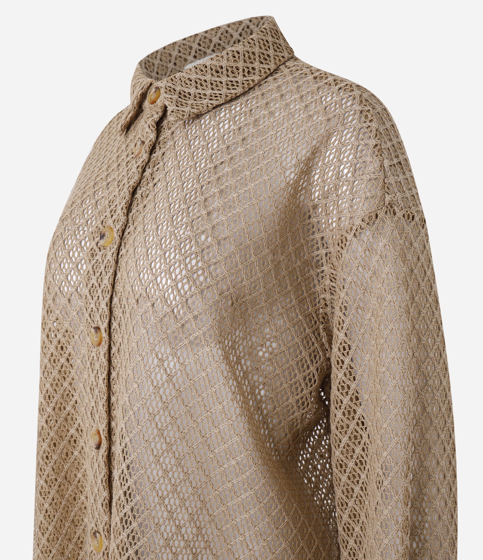 Camisa Polo Texturizada com Abotoamento Alfaiatada Bege 7