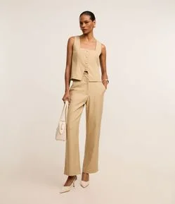 Calça Reta Alfaiatada com Riscas de Giz e Contraste Lateral