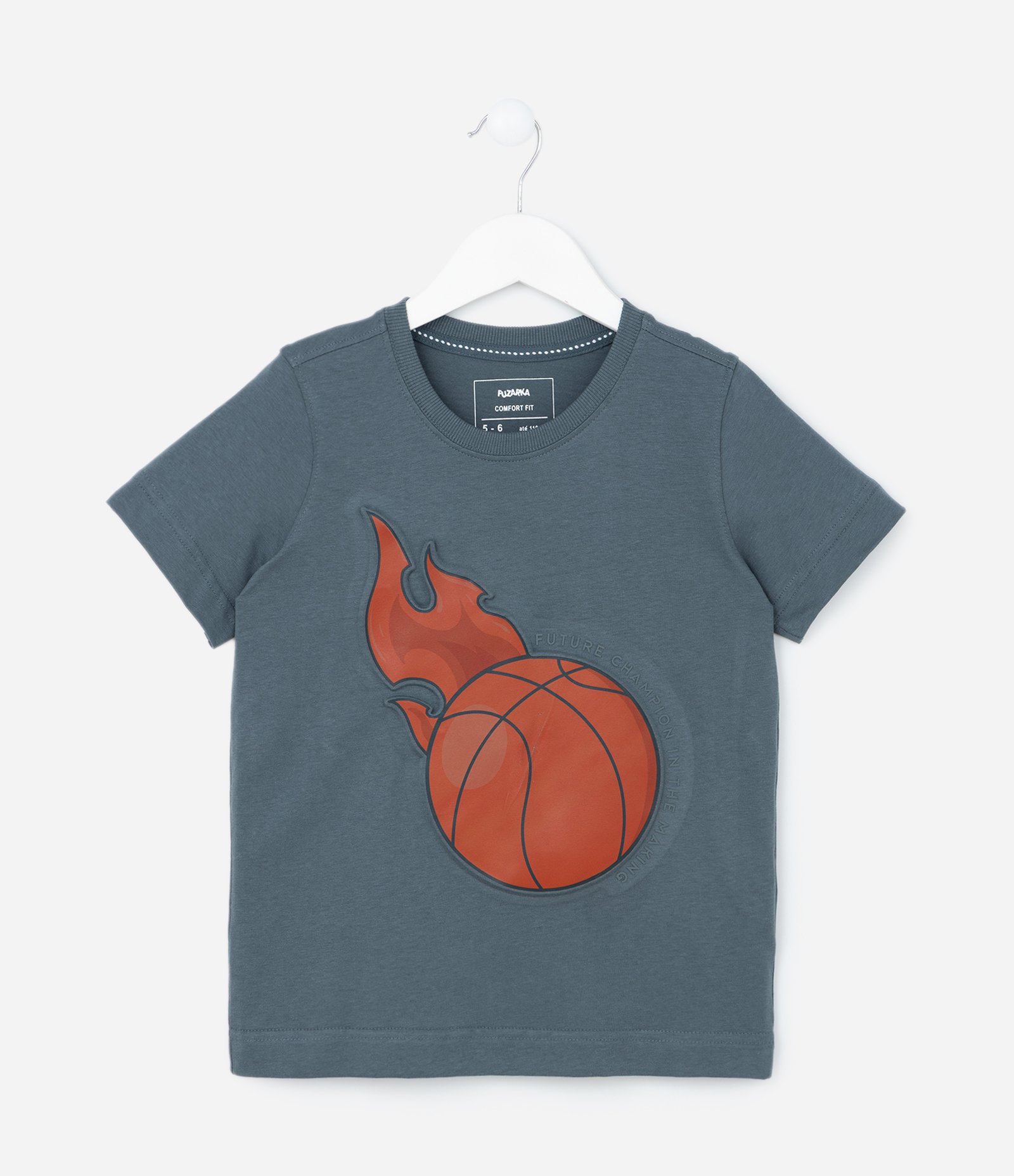 Camiseta Infantil com Estampa em Relevo Bola de Basquete - Tam 5 a 14 Anos Cinza 2