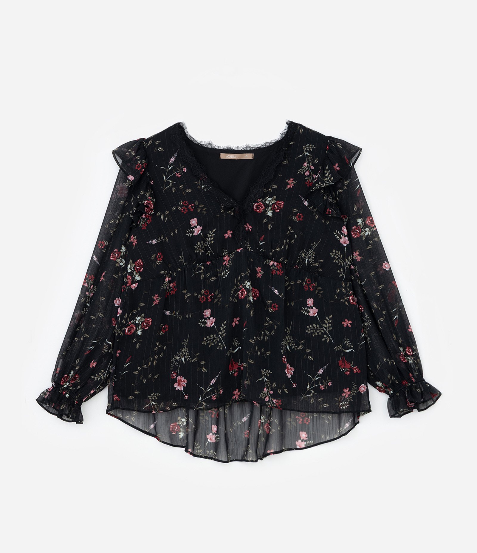 Blusa Floral em Chiffon com Babados e Brilhos Curve & Plus Size Preto 5