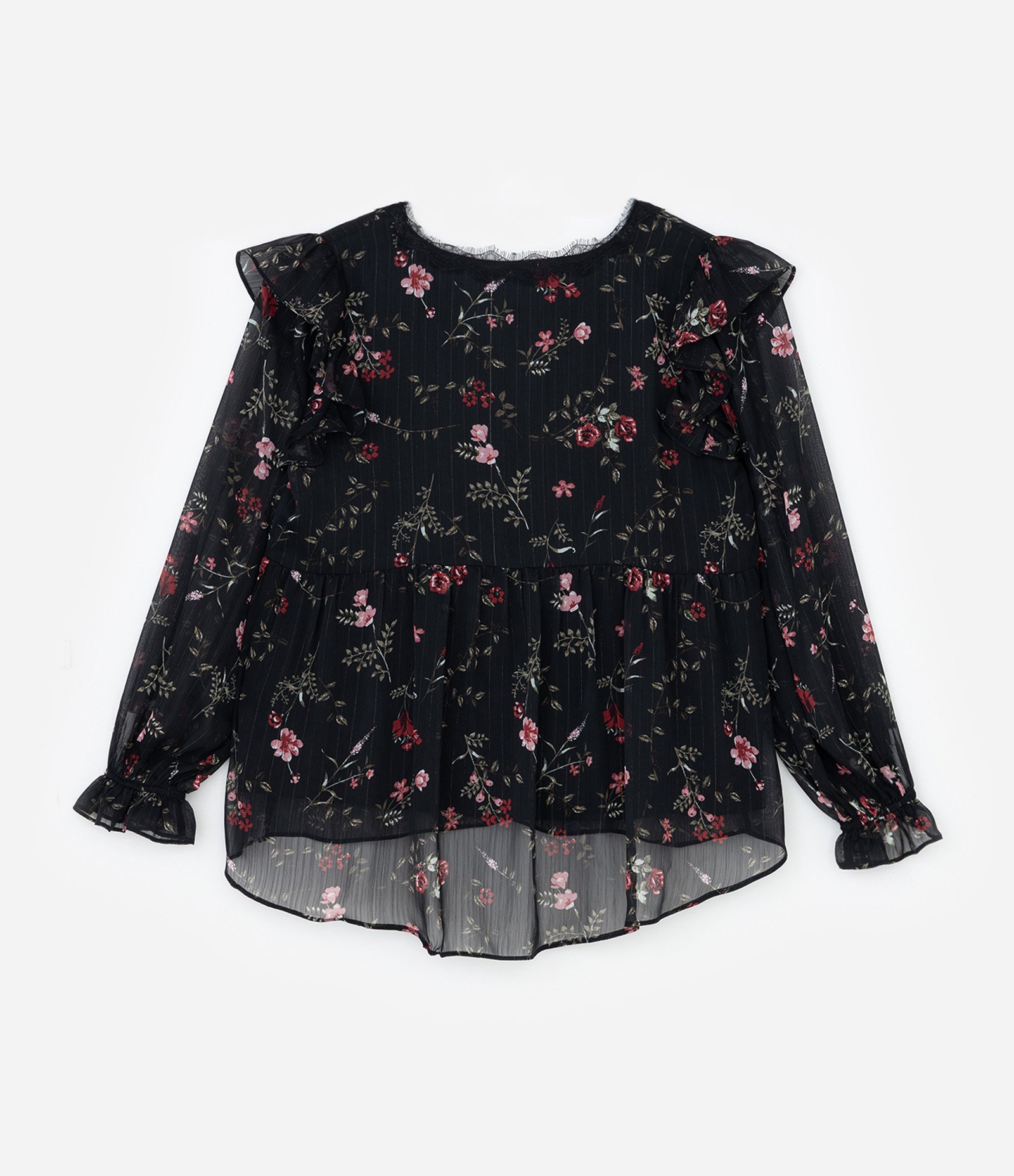 Blusa Floral em Chiffon com Babados e Brilhos Curve & Plus Size Preto 6