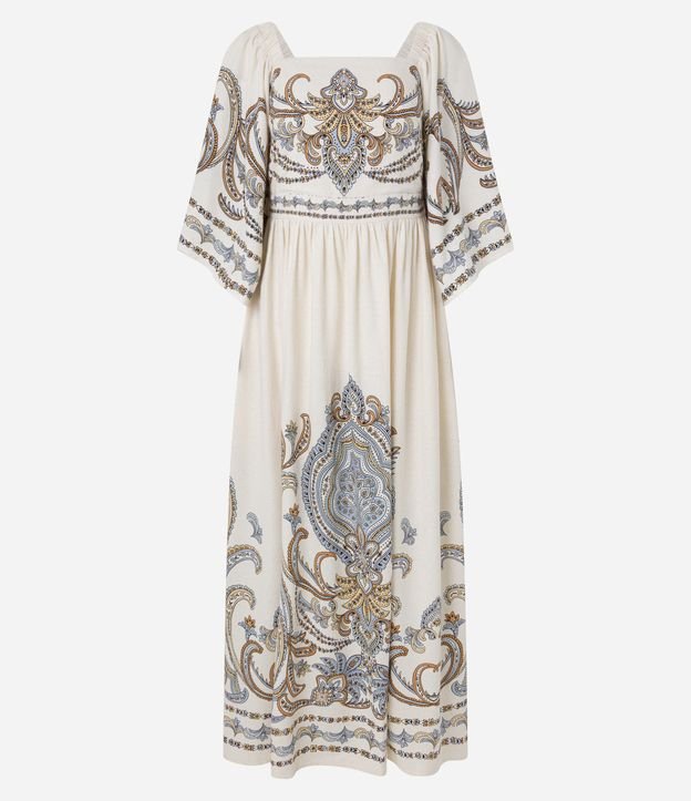 Vestido Boho Evasê Midi em Viscolinho com Estampa Arabesco