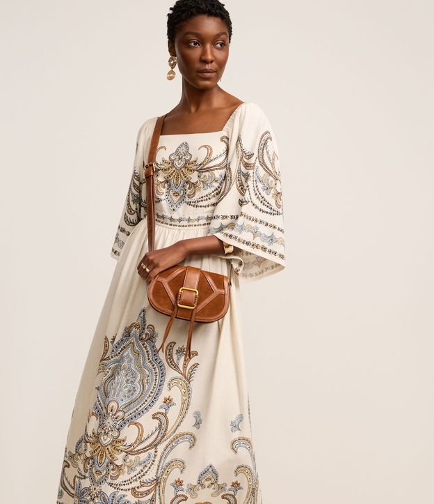 Vestido Boho Evasê Midi em Viscolinho com Estampa Arabesco
