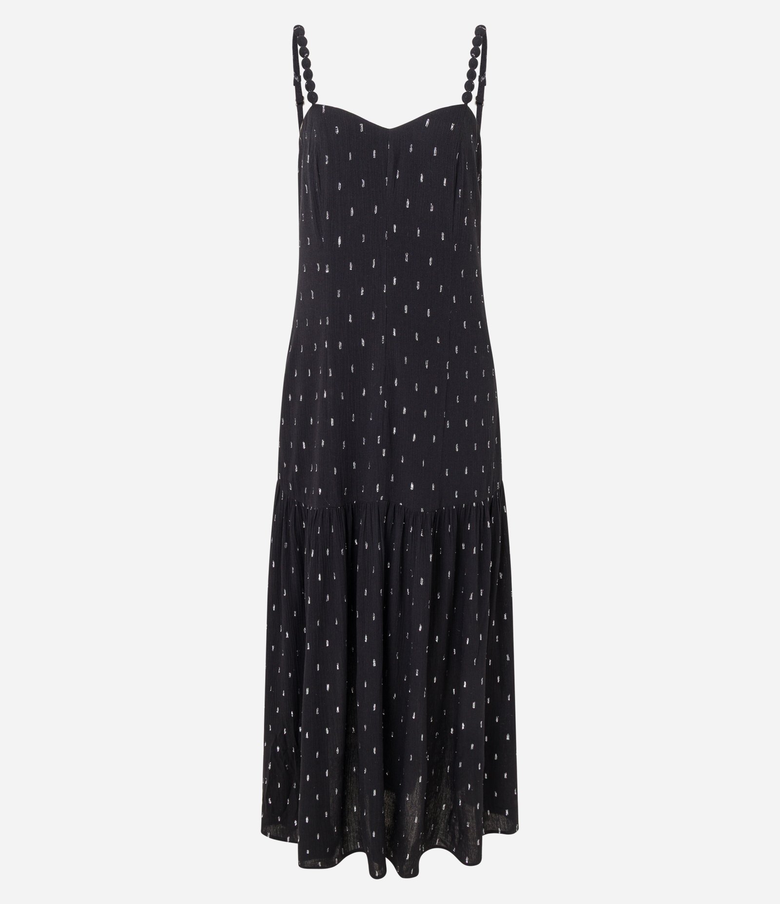 Vestido Evasê Midi em Chalis com Decote V Estampado Preto 1