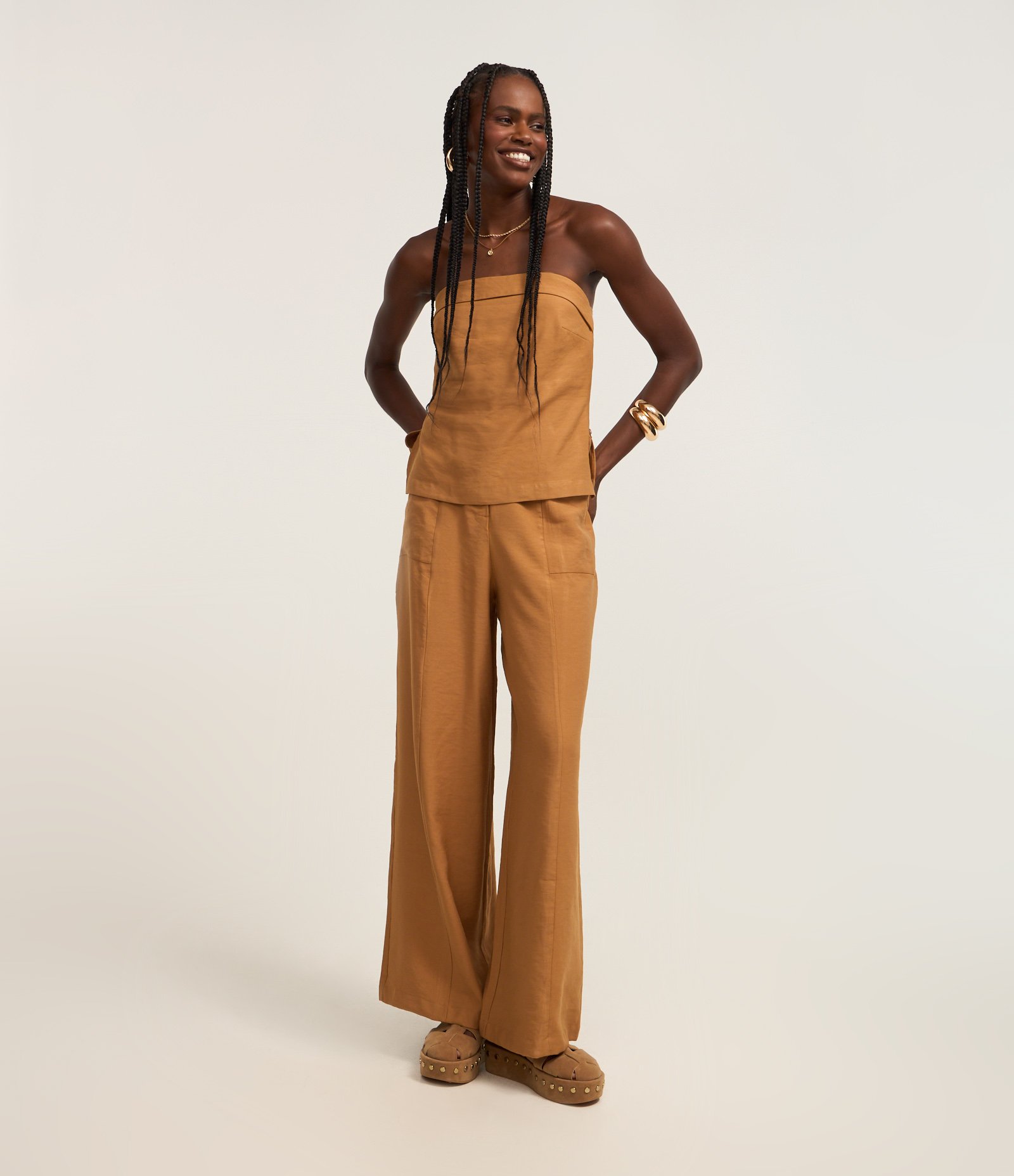 Calça Reta em Twill com Cintura Alta e Botões Caramelo 1