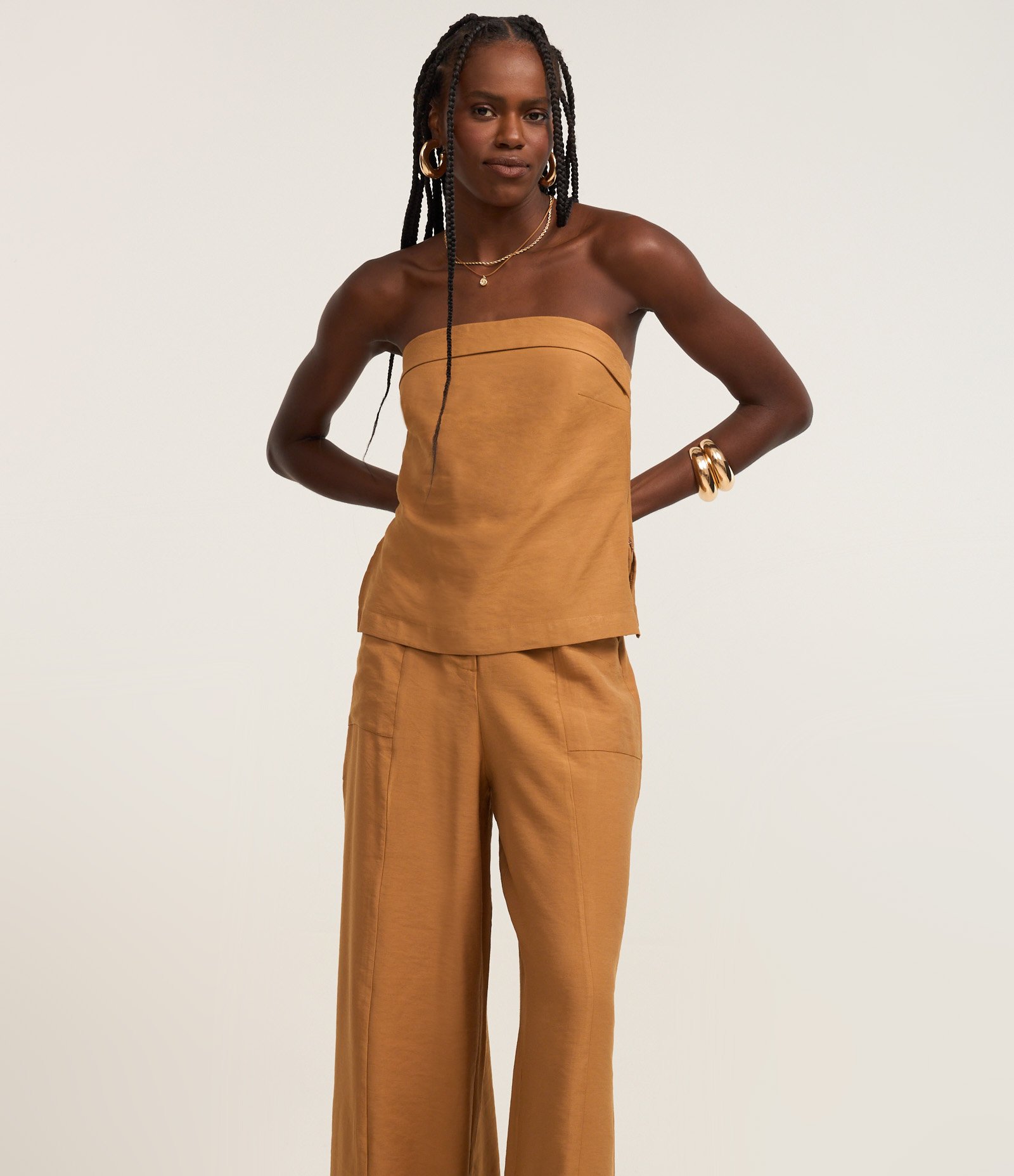 Calça Reta em Twill com Cintura Alta e Botões Caramelo 2