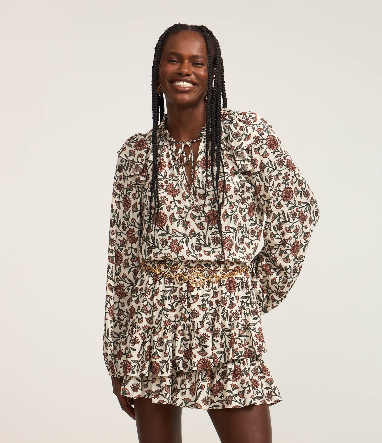 Blusa em Viscose com Mangas Bufantes e Estampa Floral Off White 1