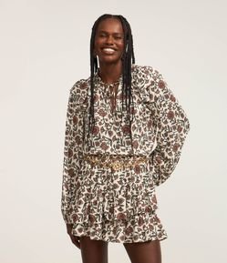 Blusa em Viscose com Mangas Bufantes e Estampa Floral