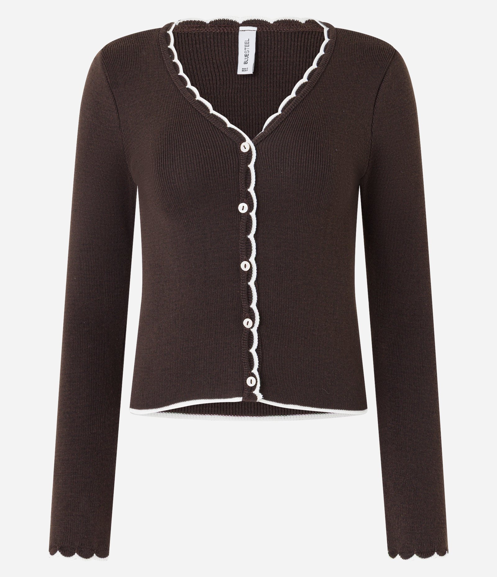 Casaco em Tricô Leve com Acabamento Ondulado e Contrastante Marrom 4