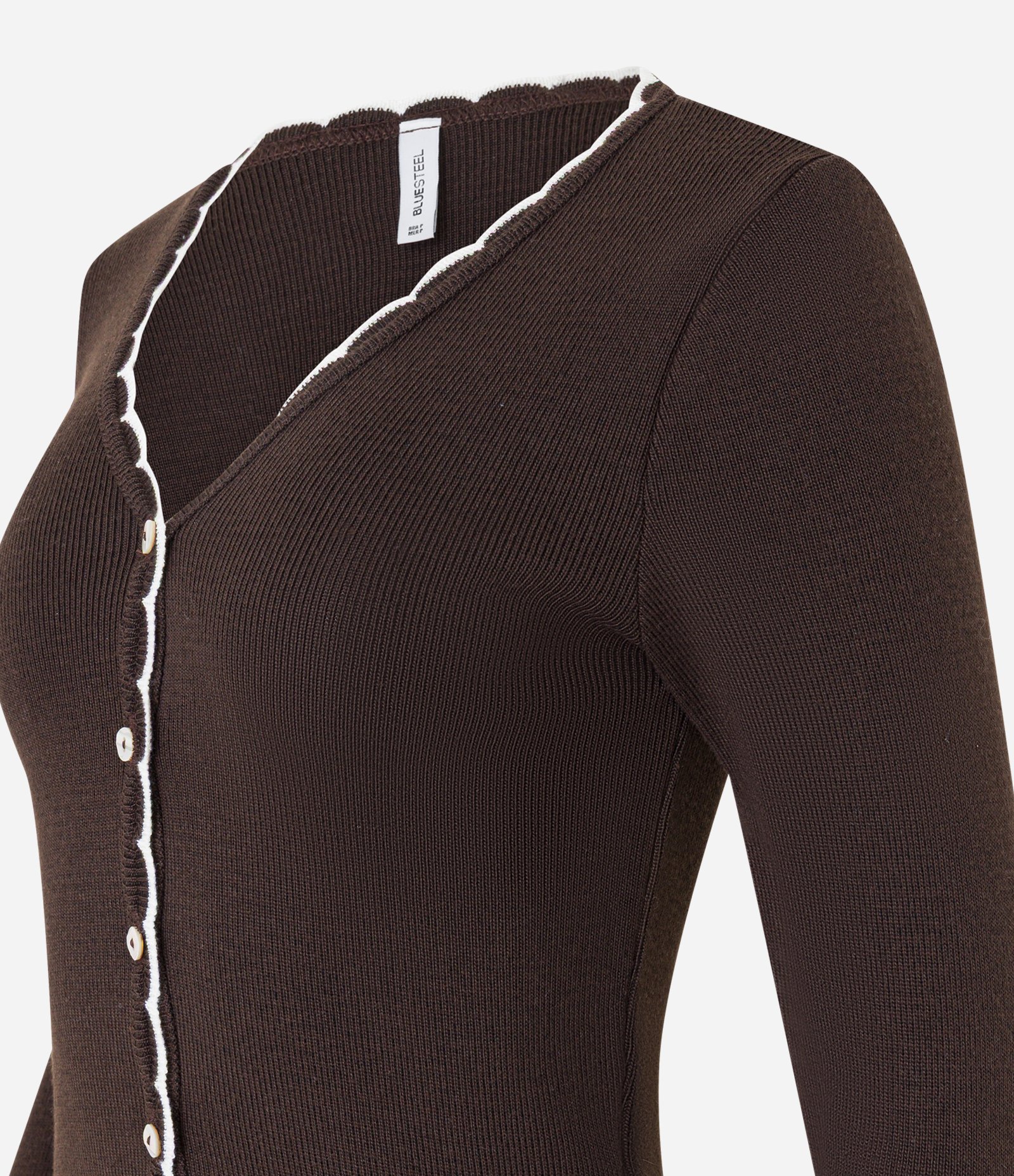 Casaco em Tricô Leve com Acabamento Ondulado e Contrastante Marrom 5