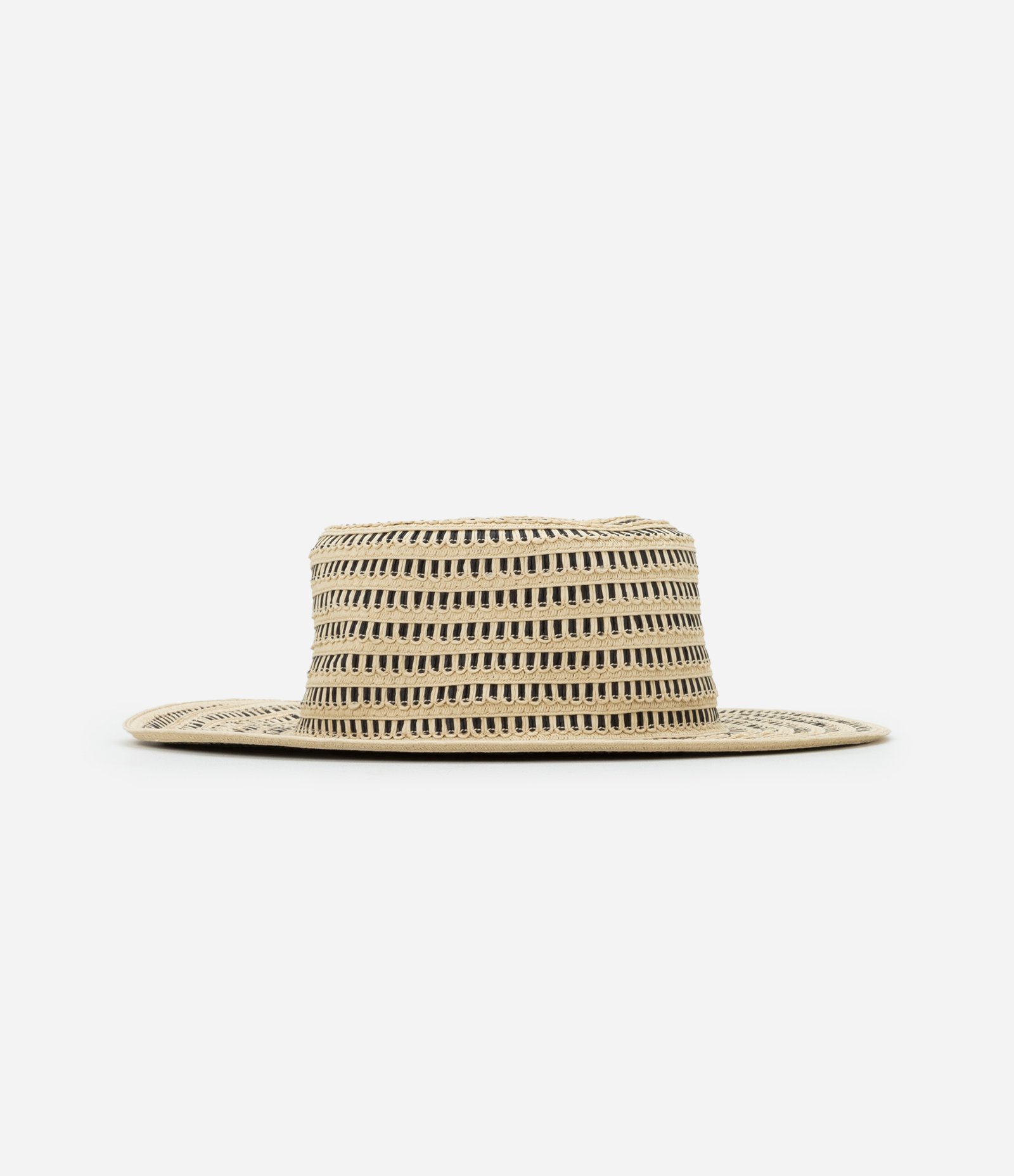 Chapéu de Palha de Praia com Cabeça Reta e Palha Desenhada Bege 3