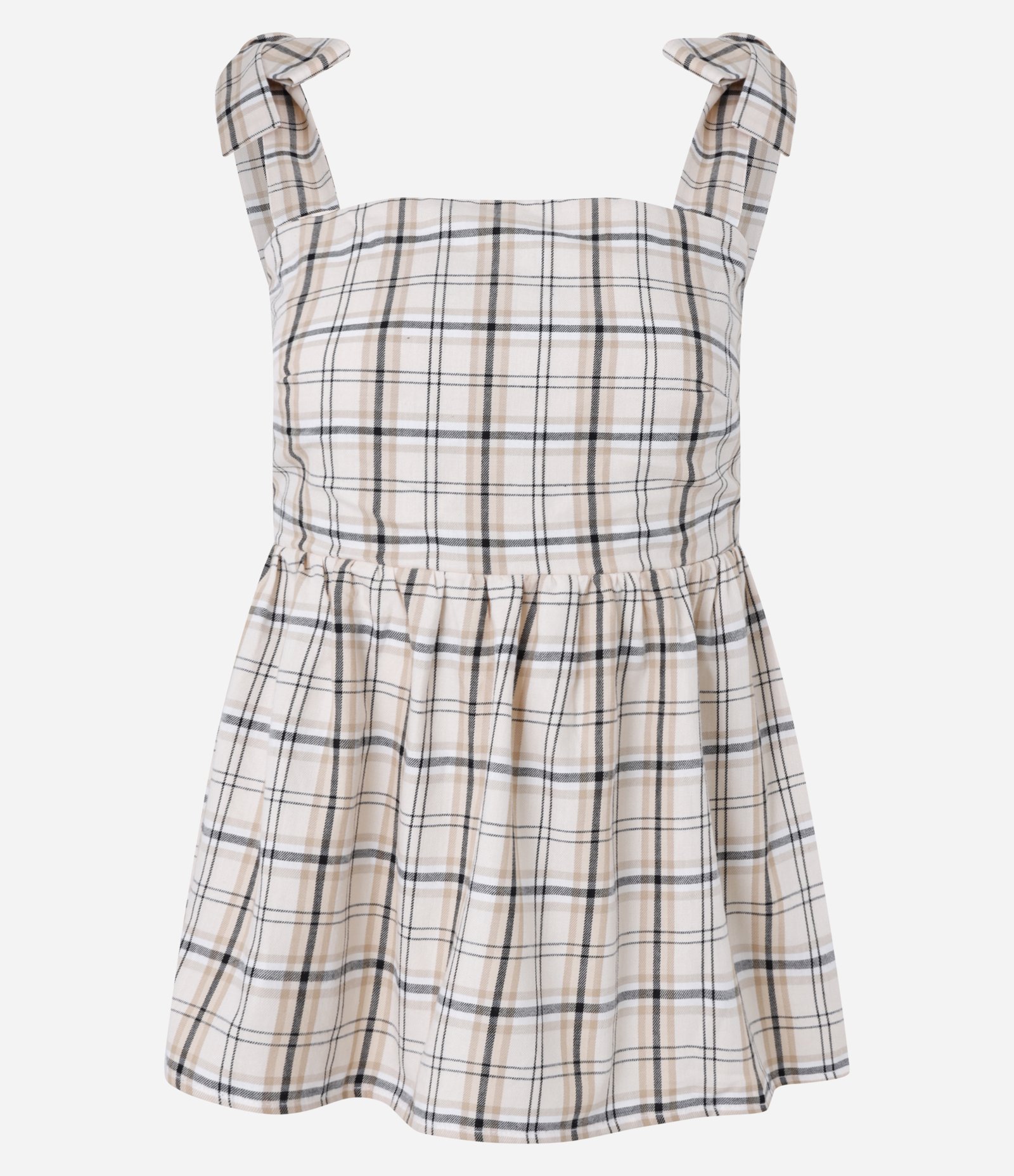 Blusa em Tricoline com Laço na Alça e Estampa Xadrez Bege 5