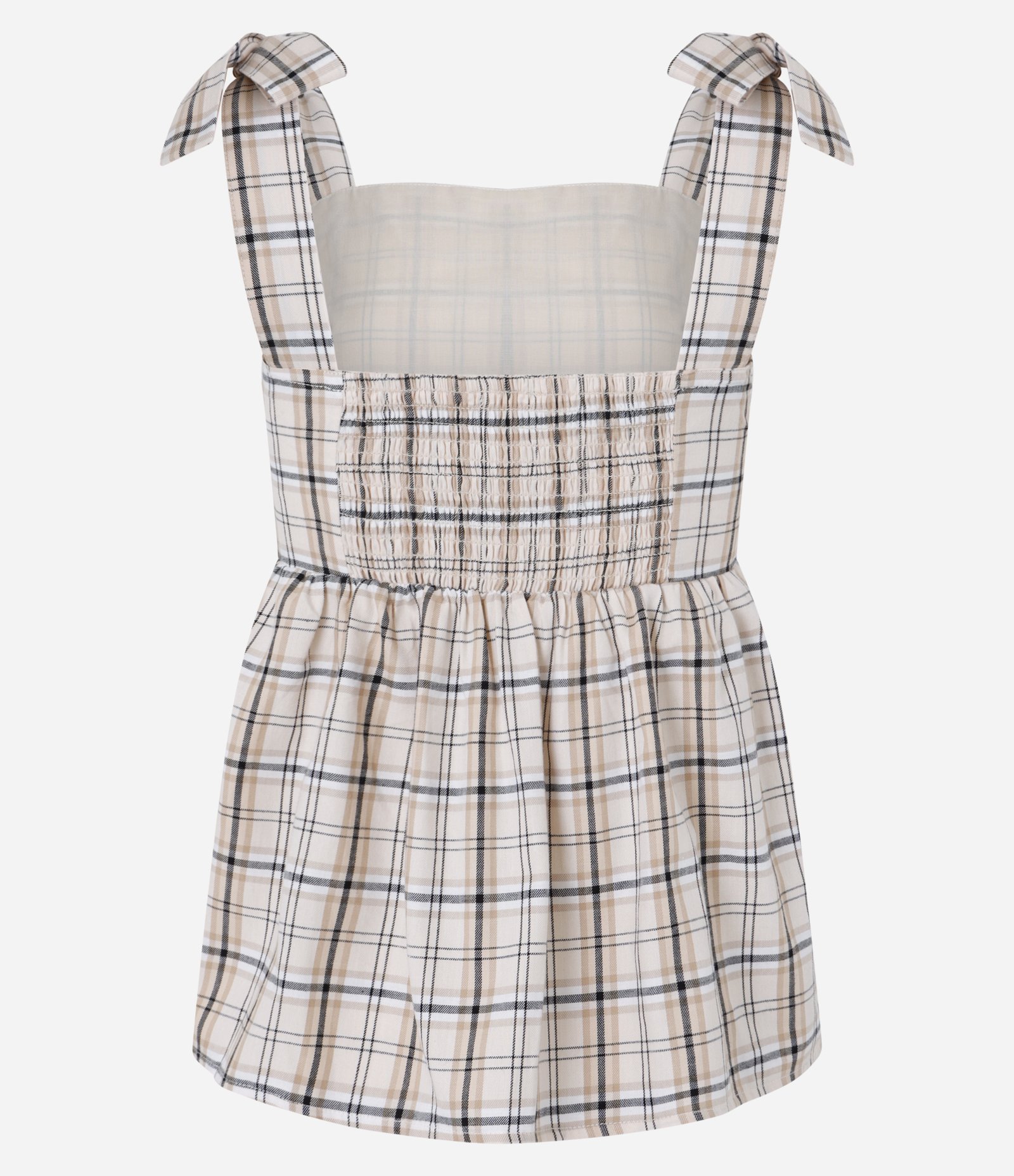 Blusa em Tricoline com Laço na Alça e Estampa Xadrez Bege 6