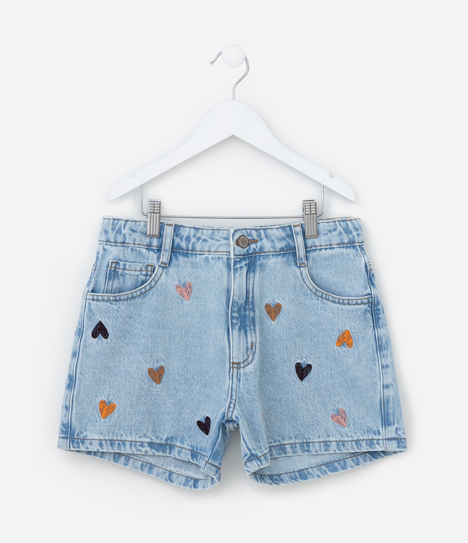 Short Infantil em Jeans com Bordado de Corações - Tam 5 a 14 Anos Azul 1