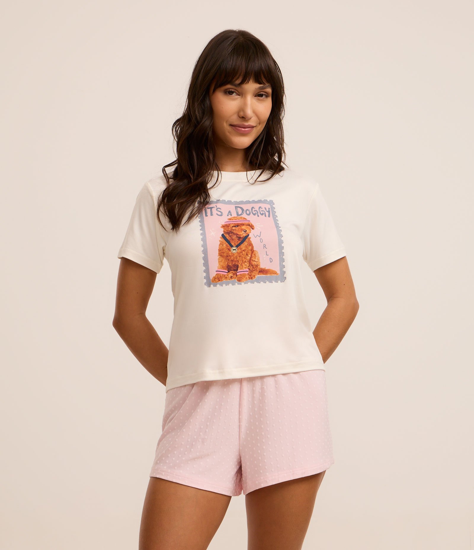 Pijama Short Doll com Estampa de Poodle Campeão Branco/Rosa 1