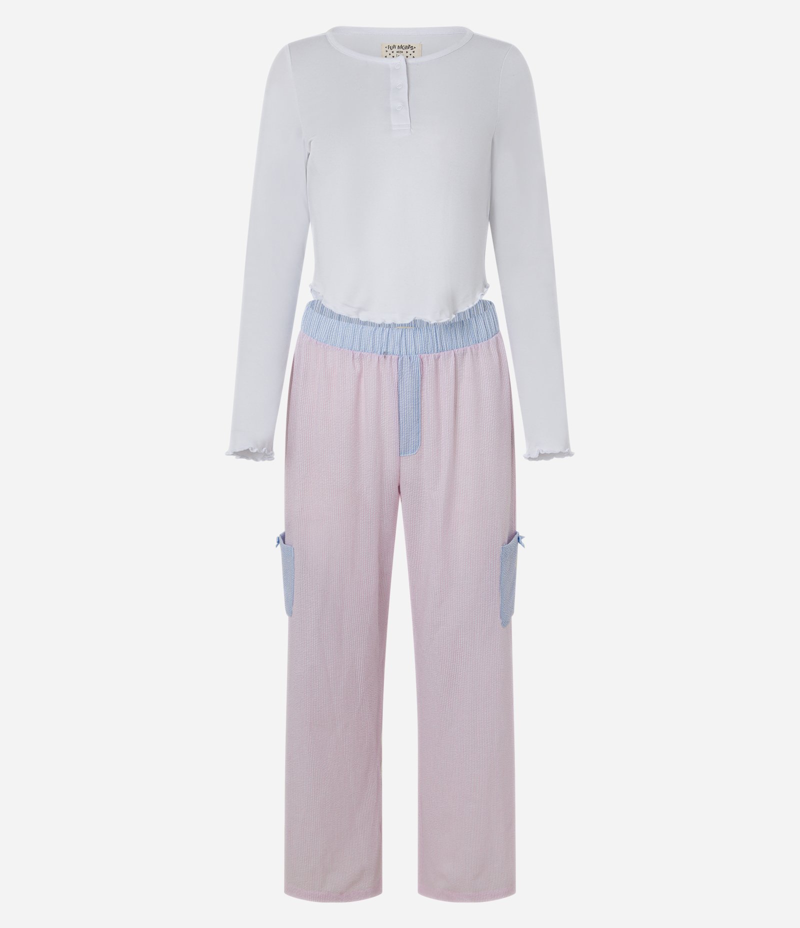 Pijama Longo com Detalhes Contrastantes e Calça com Textura Enrugada e Bolsos Bege/Rosa/Azul 6