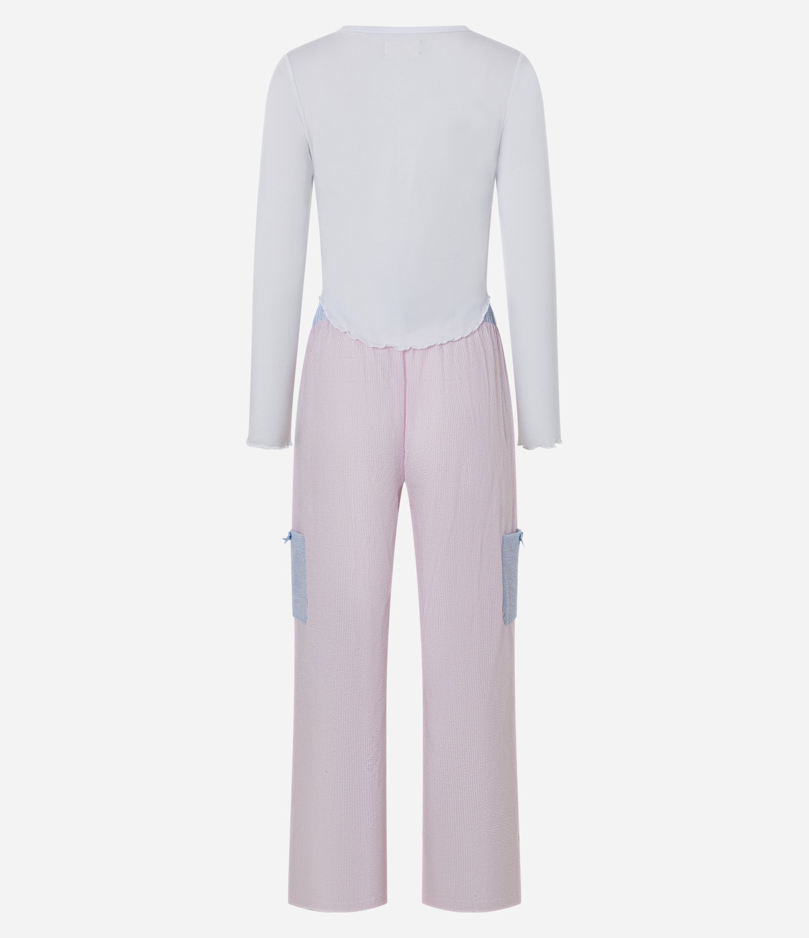 Pijama Longo com Detalhes Contrastantes e Calça com Textura Enrugada e Bolsos Bege/Rosa/Azul 7