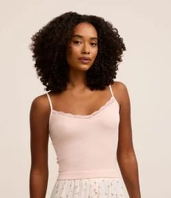 Blusa de Pijama Alcinha em Poliamida Seamless com Renda