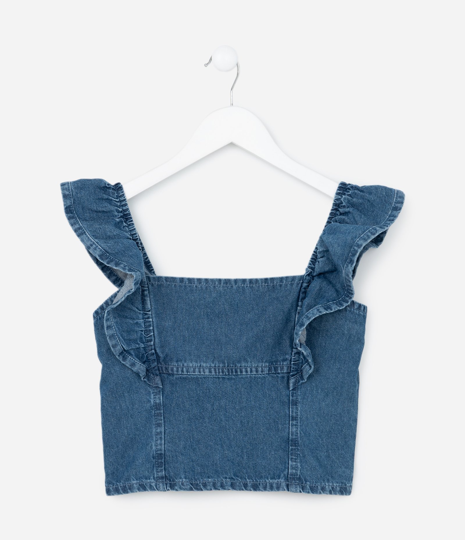 Blusa Cropped Infantil em Jeans com Babados - Tam 5 a 14 Anos Azul 1